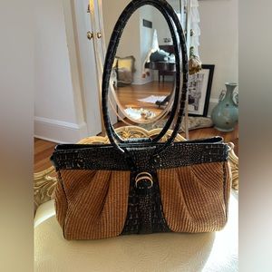 Brahmin Vintage Straw Handbag with Navy Blue Crocodile Embossed